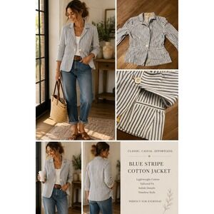 Cabi Blue Stripe Cotton Jacket Preppy Blazer Navy White Tailored Blazer Size 2